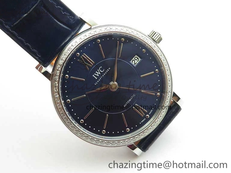 MIROTIME 1224 Portofino 37mm SS V7F 1:1 Best Edition Blue Dial Diamonds Bezel on Blue Leather Strap A Chic 7093